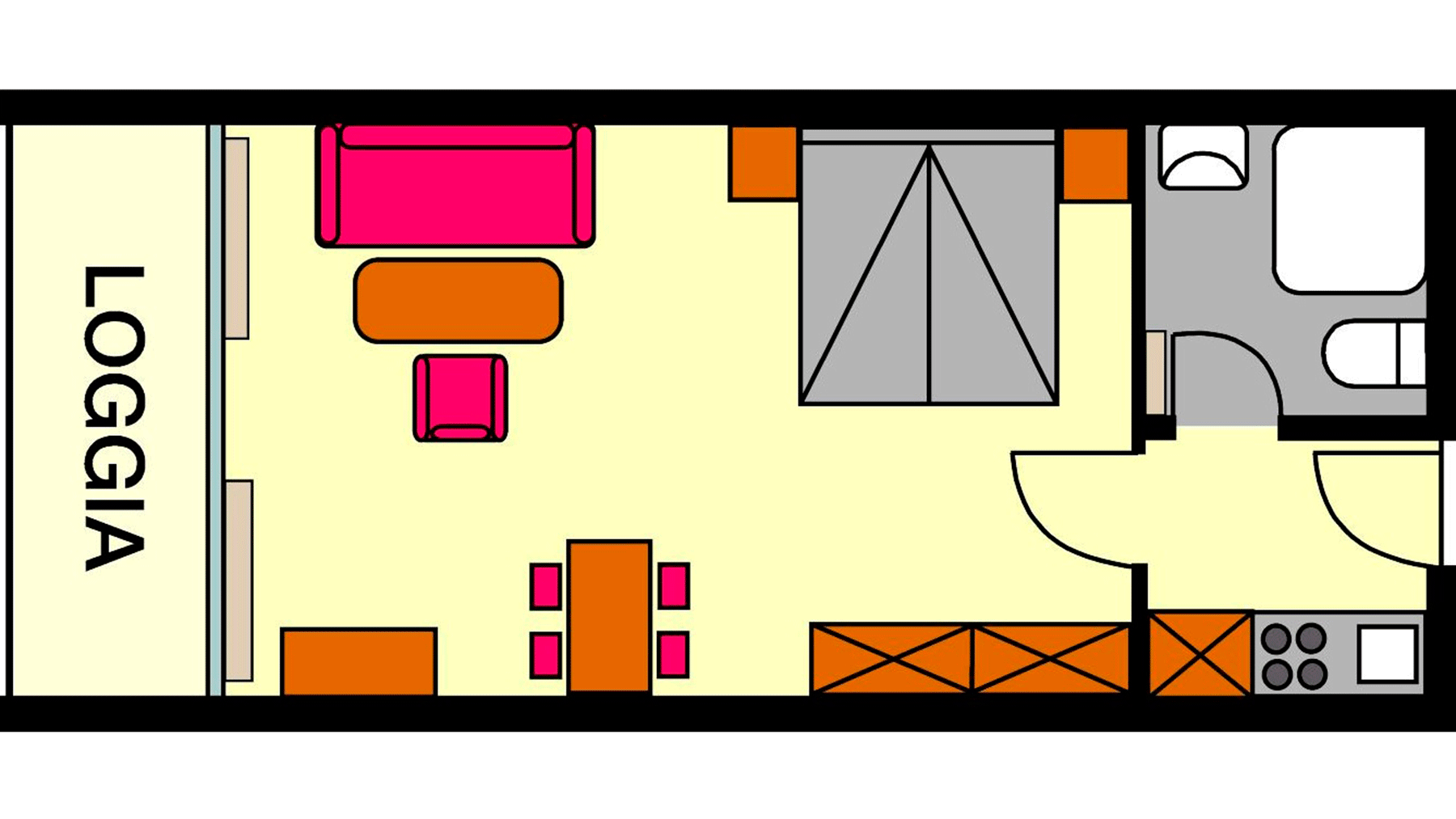 Grundriss 1-Raum Ferienwohnung mit Balkon (Typ Y14B)